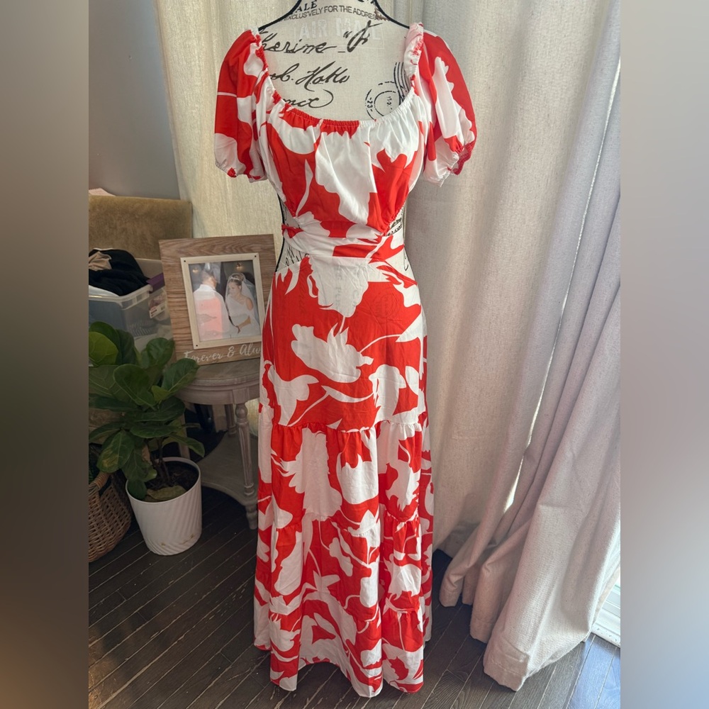 Red and White Floral Maxi Dress